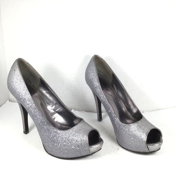 Jacqueline Ferrar Women Silver Sparkle Glitter Peep Toe Heels Platform Size 10 - Picture 1 of 11